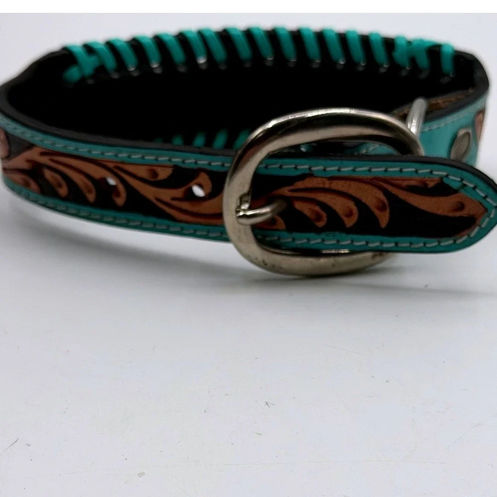 Myra Bag Acety Hand Tooled Leather Dog Collar Turquoise Whipstitch Floral Small